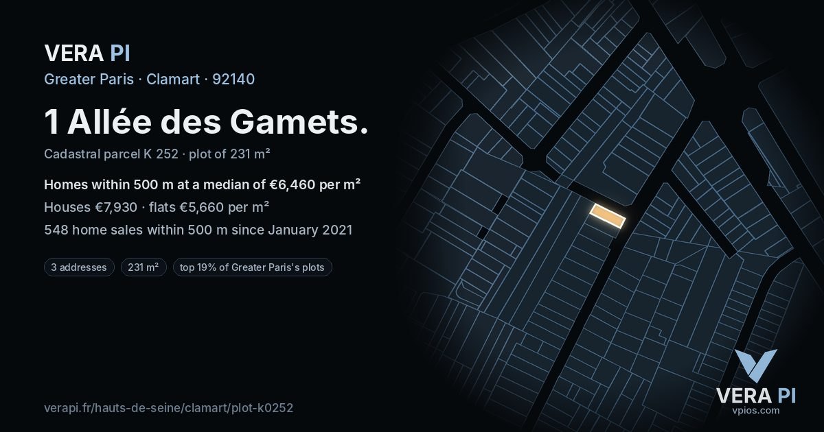 1 Allée des Gamets, Clamart at night – the plot lit, the parcels around coloured by the prices near them