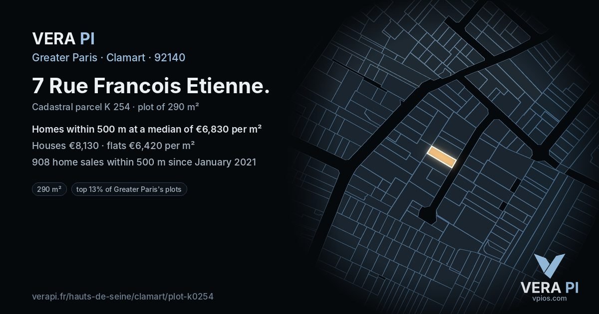 7 Rue Francois Etienne, Clamart at night – the plot lit, the parcels around coloured by the prices near them