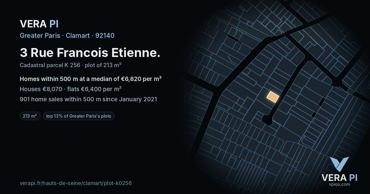 3 Rue Francois Etienne, Clamart at night – the plot lit, the parcels around coloured by the prices near them