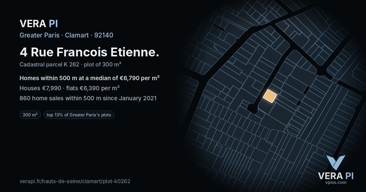 4 Rue Francois Etienne, Clamart at night – the plot lit, the parcels around coloured by the prices near them
