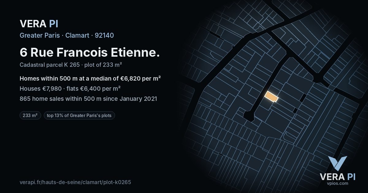 6 Rue Francois Etienne, Clamart at night – the plot lit, the parcels around coloured by the prices near them