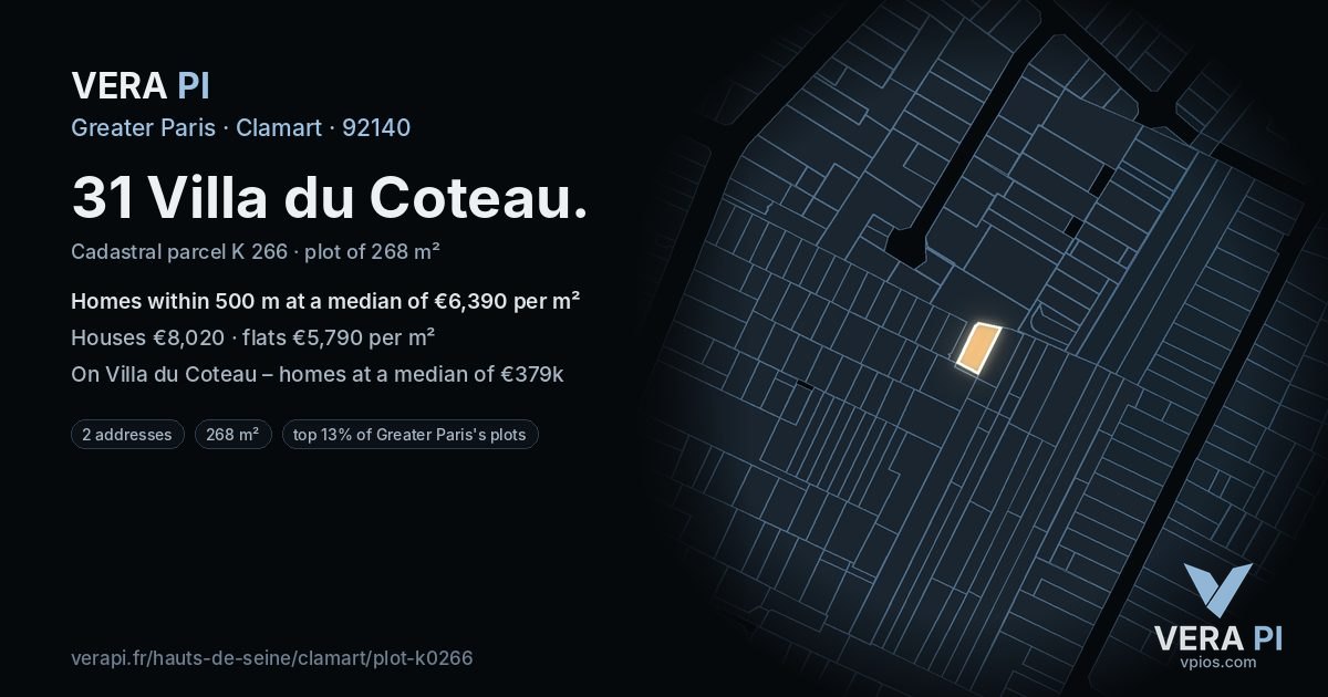 31 Villa du Coteau, Clamart at night – the plot lit, the parcels around coloured by the prices near them