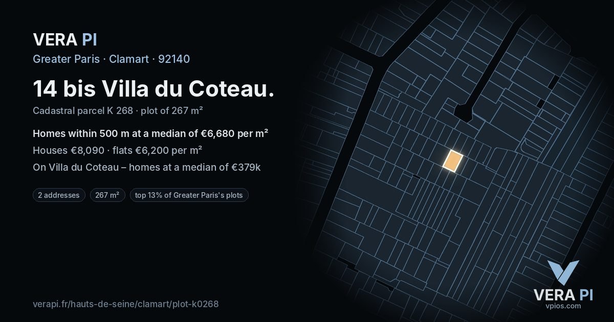 14 bis Villa du Coteau, Clamart at night – the plot lit, the parcels around coloured by the prices near them
