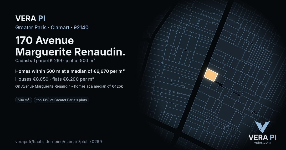 170 Avenue Marguerite Renaudin, Clamart at night – the plot lit, the parcels around coloured by the prices near them