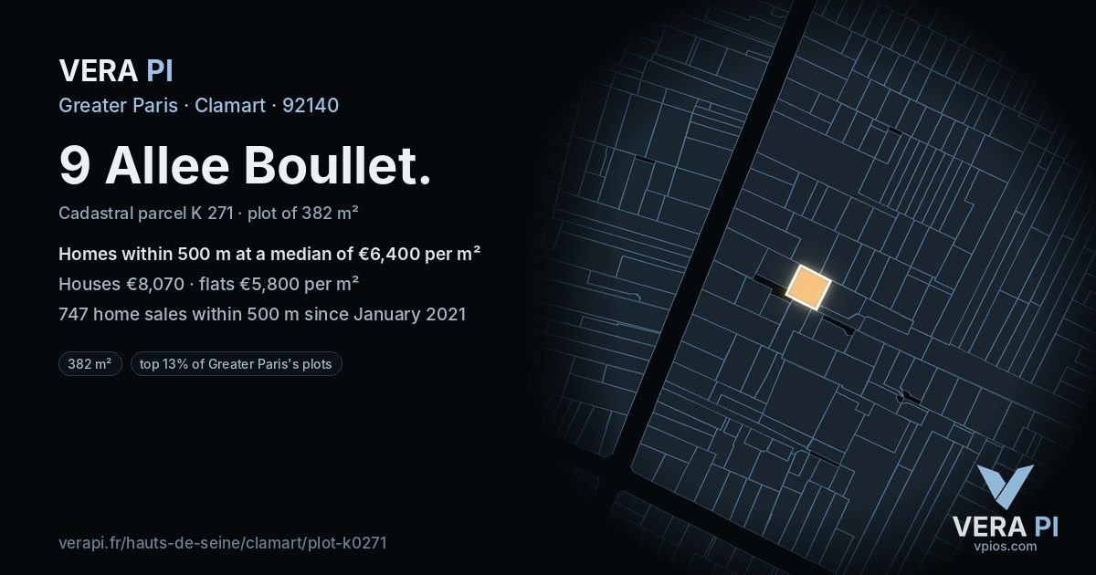 9 Allee Boullet, Clamart at night – the plot lit, the parcels around coloured by the prices near them