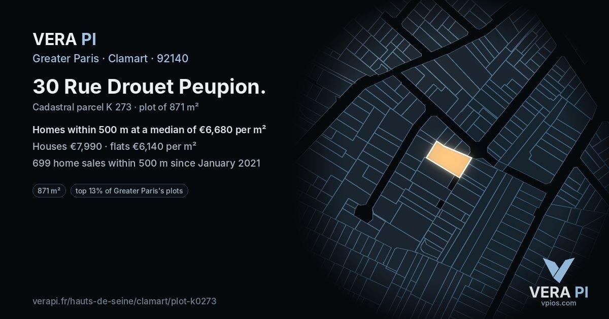 30 Rue Drouet Peupion, Clamart at night – the plot lit, the parcels around coloured by the prices near them
