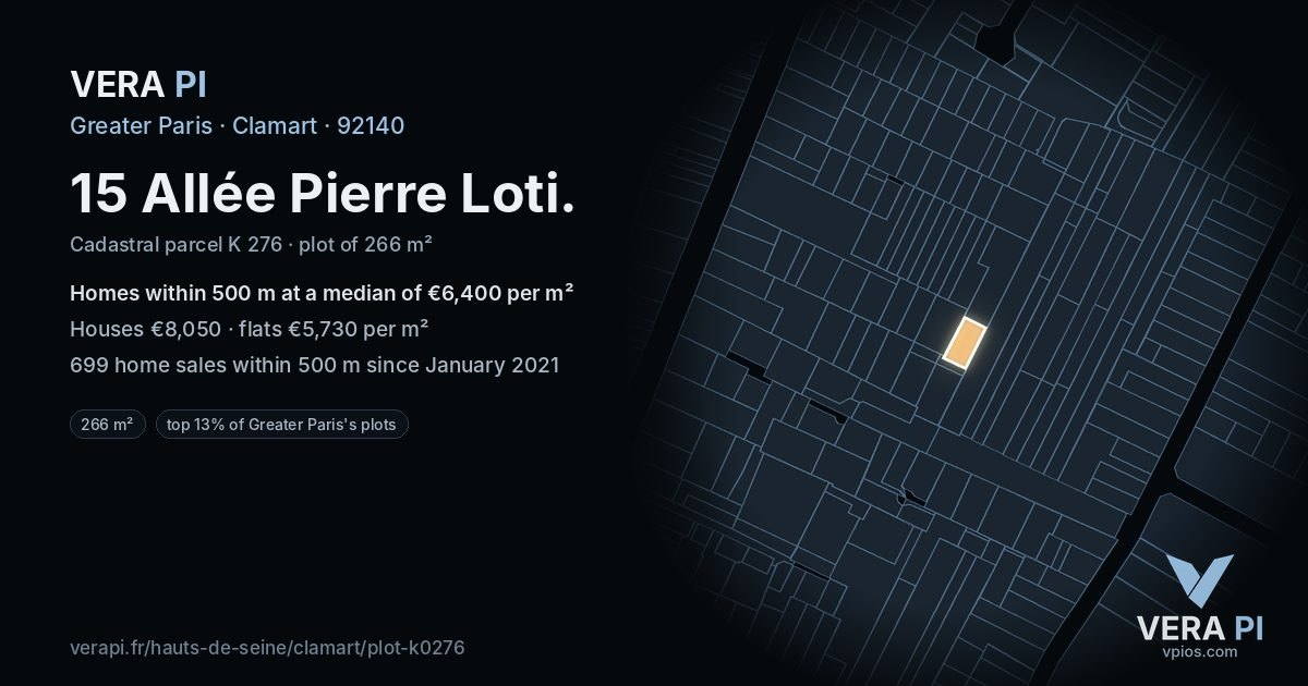 15 Allée Pierre Loti, Clamart at night – the plot lit, the parcels around coloured by the prices near them