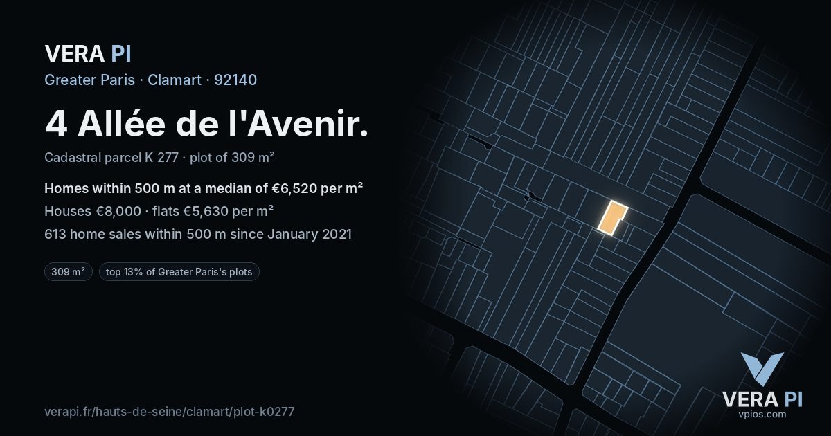 4 Allée de l'Avenir, Clamart at night – the plot lit, the parcels around coloured by the prices near them