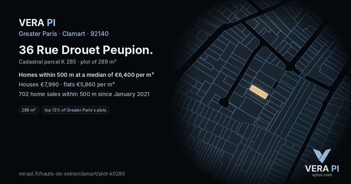 36 Rue Drouet Peupion, Clamart at night – the plot lit, the parcels around coloured by the prices near them