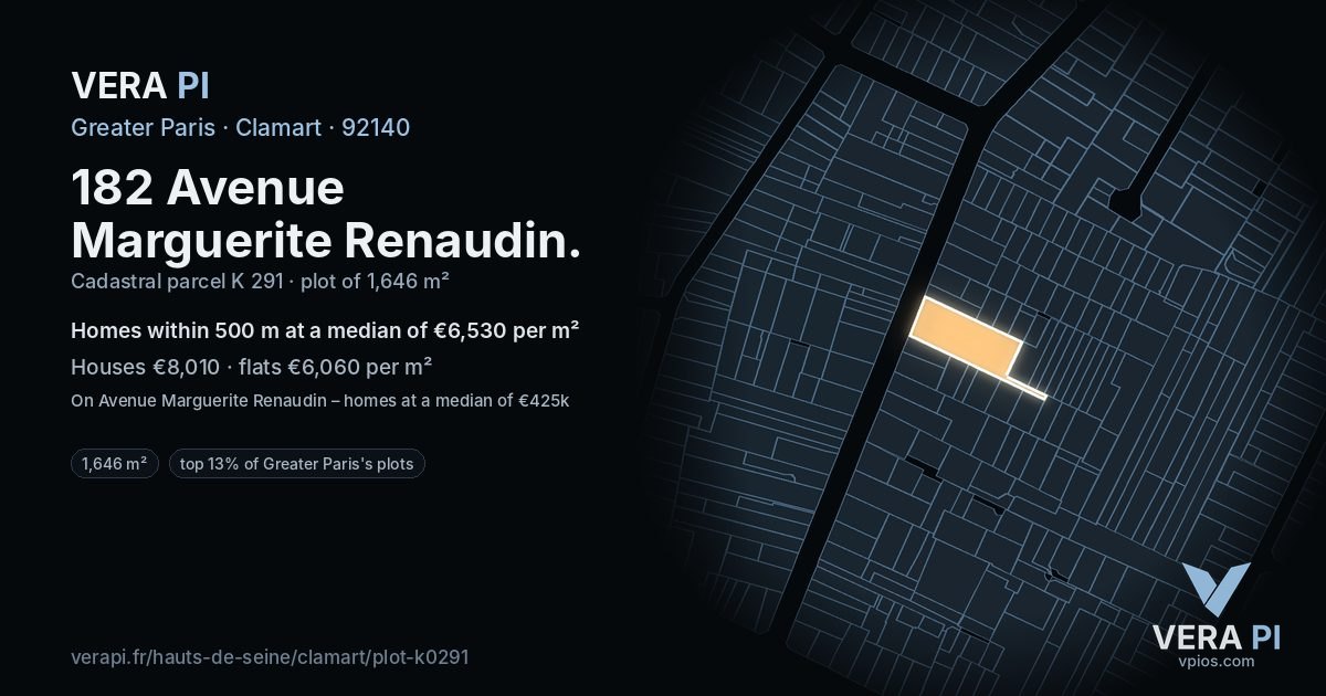 182 Avenue Marguerite Renaudin, Clamart at night – the plot lit, the parcels around coloured by the prices near them