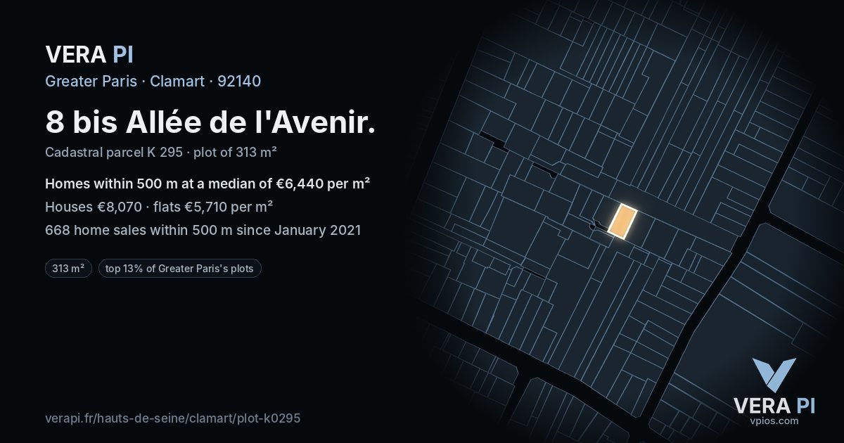 8 bis Allée de l'Avenir, Clamart at night – the plot lit, the parcels around coloured by the prices near them