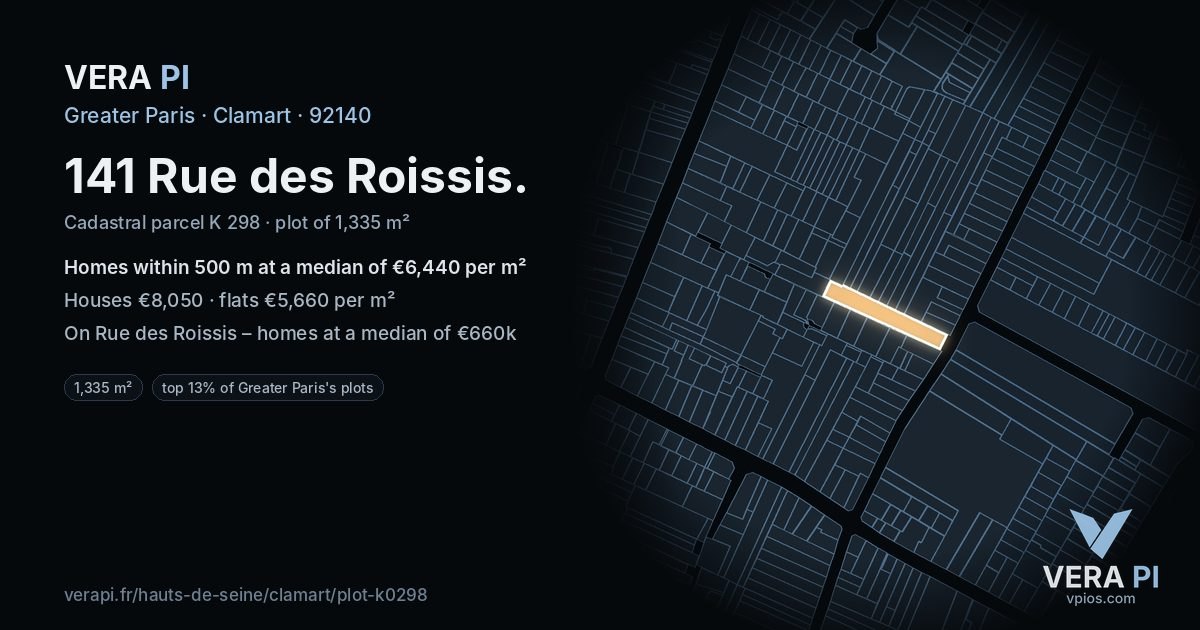 141 Rue des Roissis, Clamart at night – the plot lit, the parcels around coloured by the prices near them