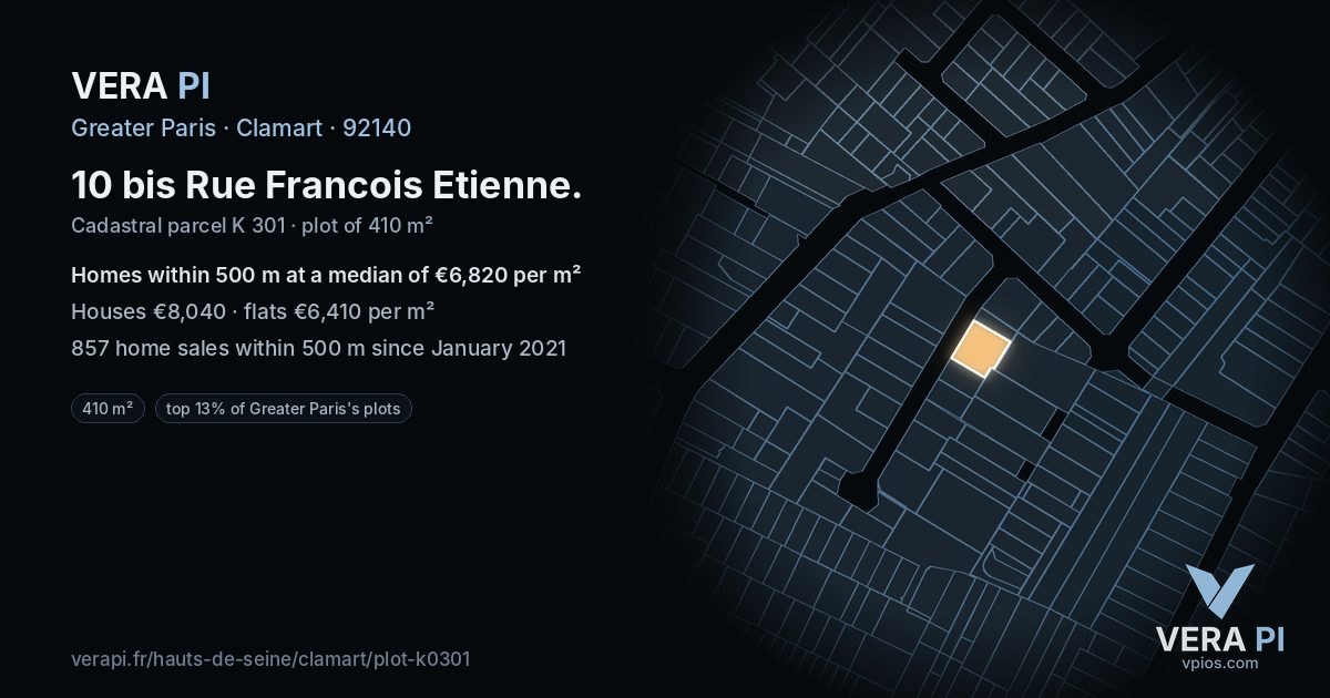 10 bis Rue Francois Etienne, Clamart at night – the plot lit, the parcels around coloured by the prices near them