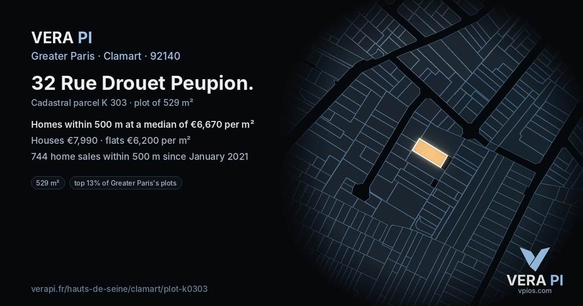 32 Rue Drouet Peupion, Clamart at night – the plot lit, the parcels around coloured by the prices near them