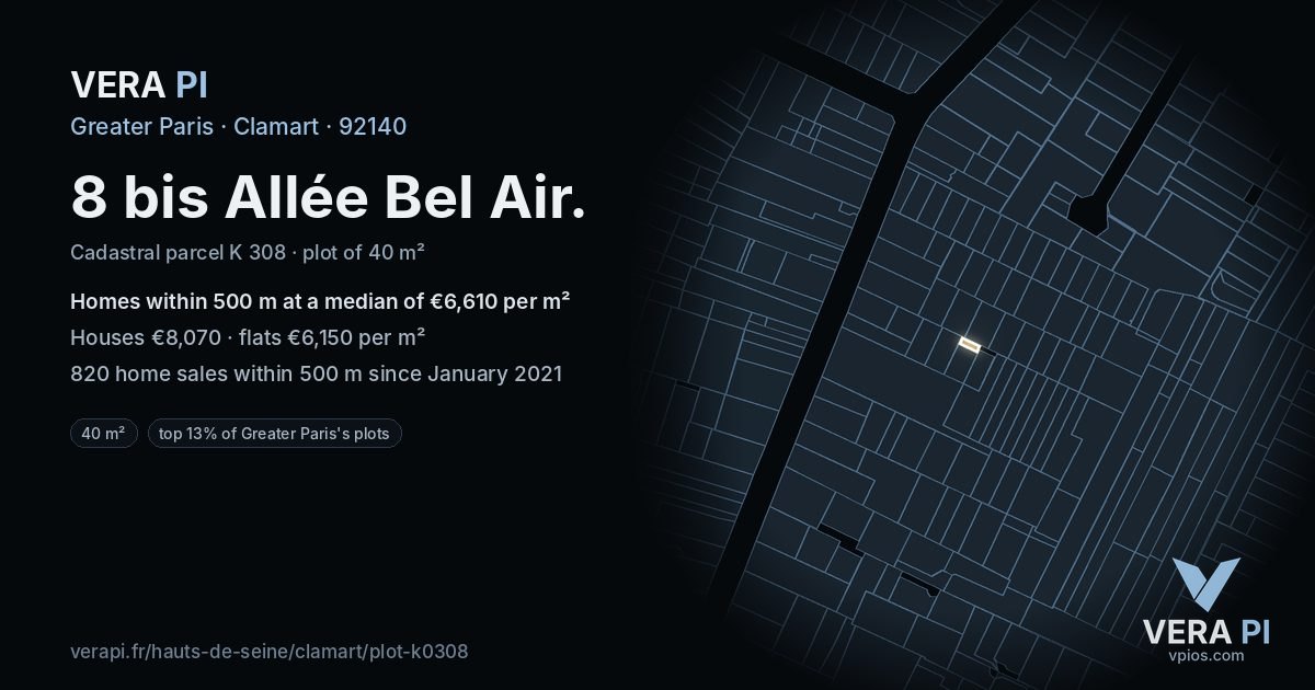 8 bis Allée Bel Air, Clamart at night – the plot lit, the parcels around coloured by the prices near them