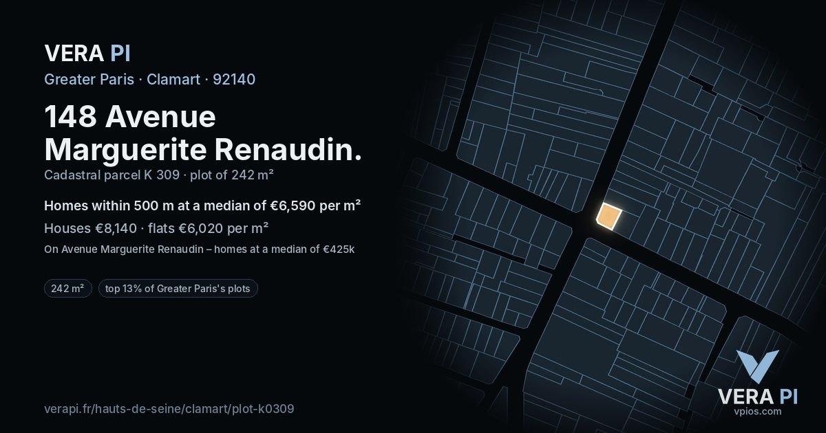 148 Avenue Marguerite Renaudin, Clamart at night – the plot lit, the parcels around coloured by the prices near them