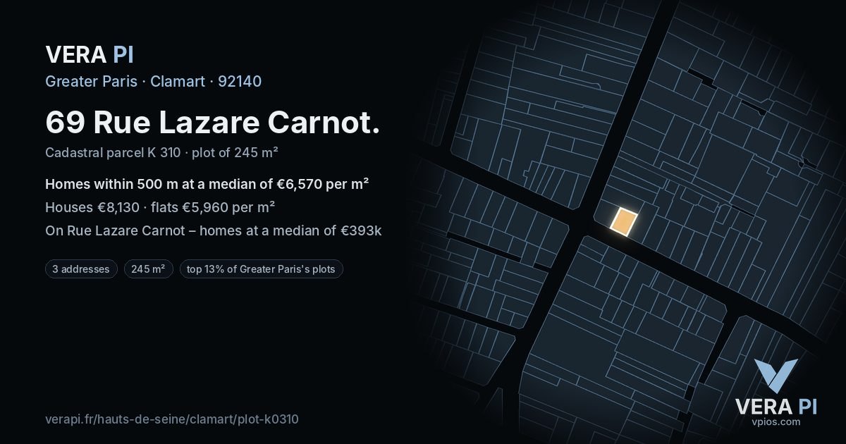 69 Rue Lazare Carnot, Clamart at night – the plot lit, the parcels around coloured by the prices near them