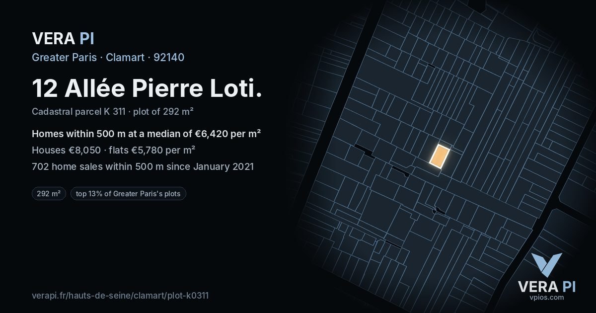12 Allée Pierre Loti, Clamart at night – the plot lit, the parcels around coloured by the prices near them