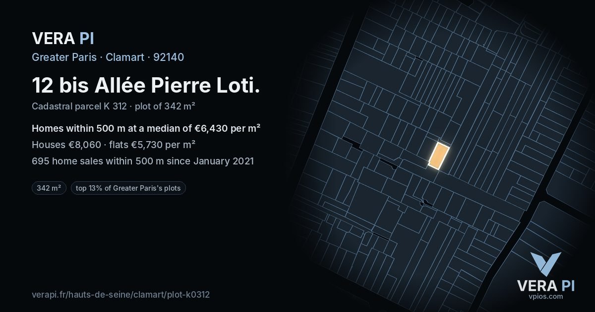 12 bis Allée Pierre Loti, Clamart at night – the plot lit, the parcels around coloured by the prices near them