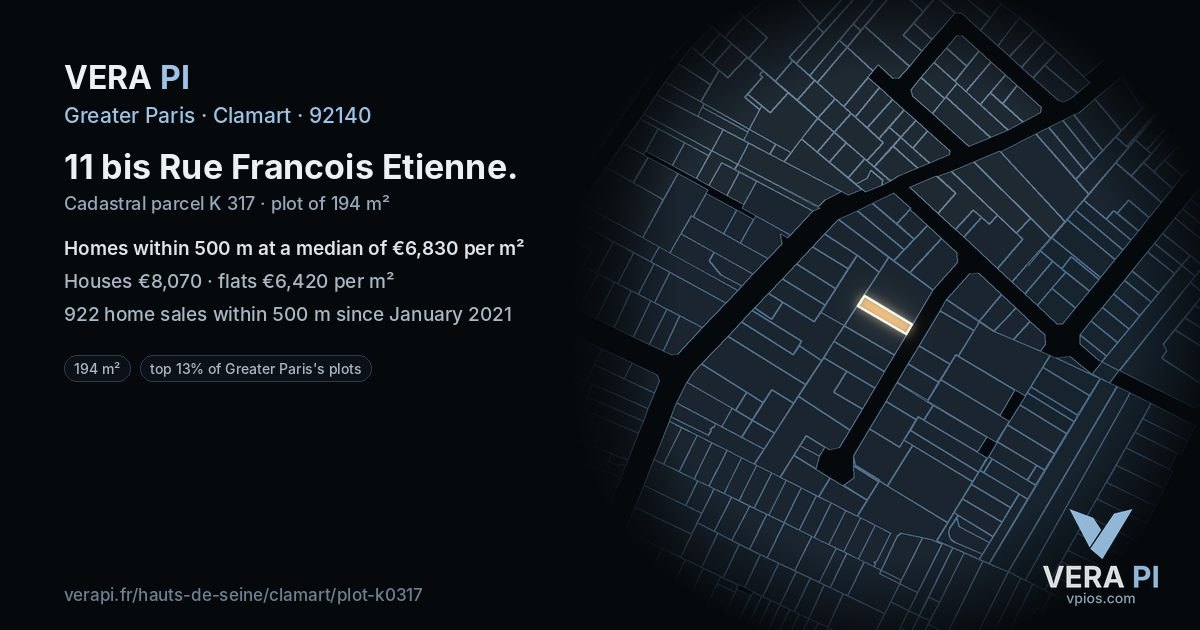 11 bis Rue Francois Etienne, Clamart at night – the plot lit, the parcels around coloured by the prices near them