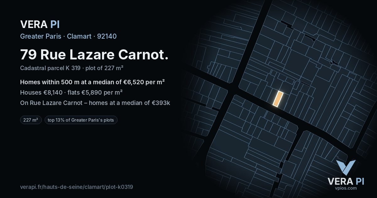 79 Rue Lazare Carnot, Clamart at night – the plot lit, the parcels around coloured by the prices near them