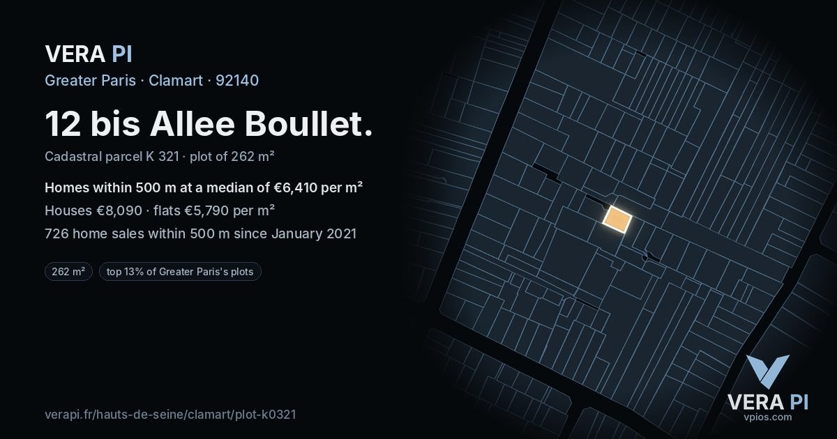 12 bis Allee Boullet, Clamart at night – the plot lit, the parcels around coloured by the prices near them