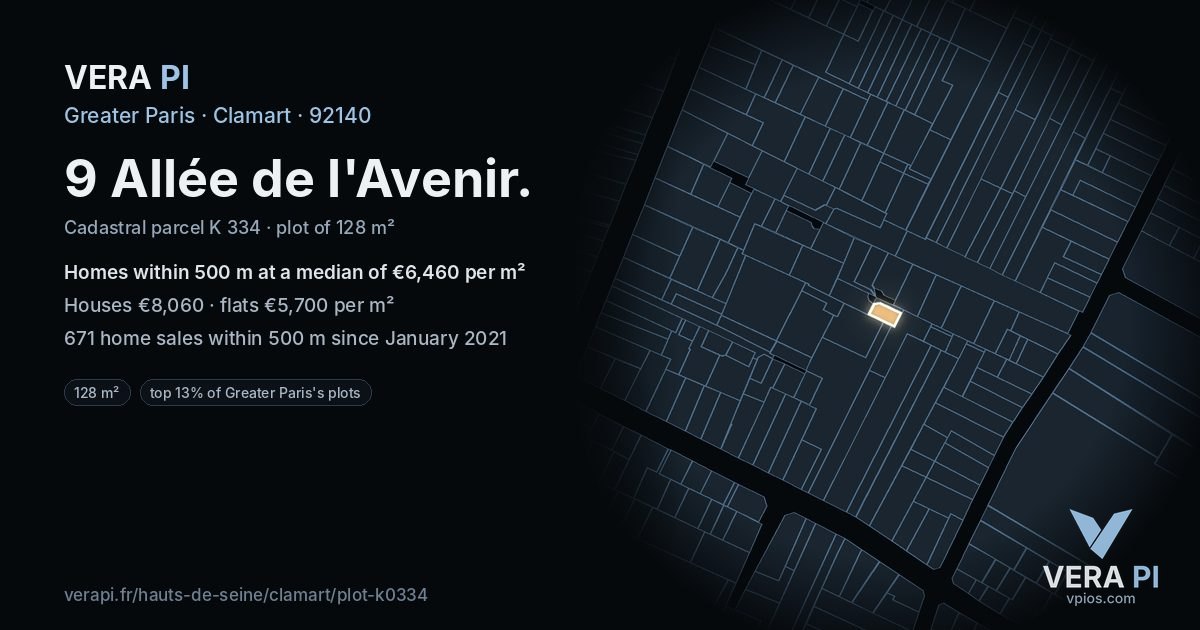 9 Allée de l'Avenir, Clamart at night – the plot lit, the parcels around coloured by the prices near them
