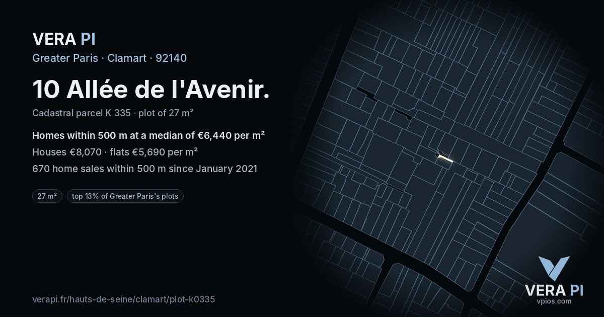 10 Allée de l'Avenir, Clamart at night – the plot lit, the parcels around coloured by the prices near them