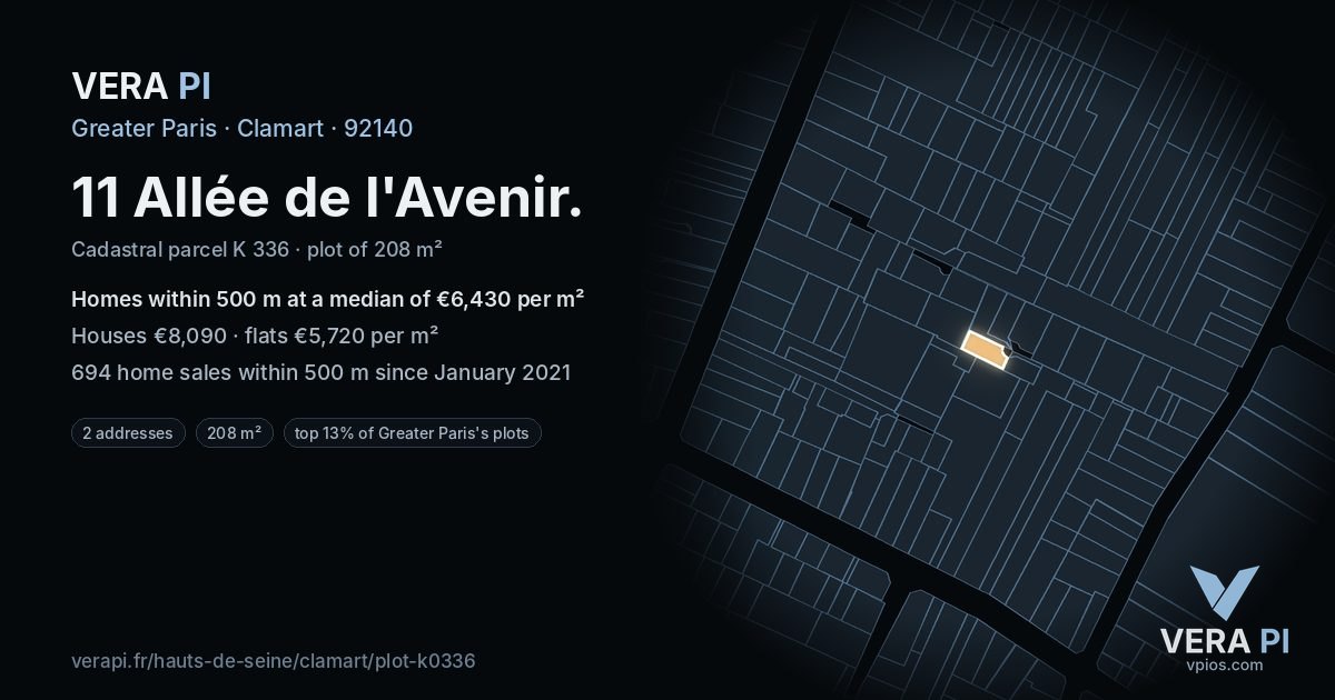 11 Allée de l'Avenir, Clamart at night – the plot lit, the parcels around coloured by the prices near them
