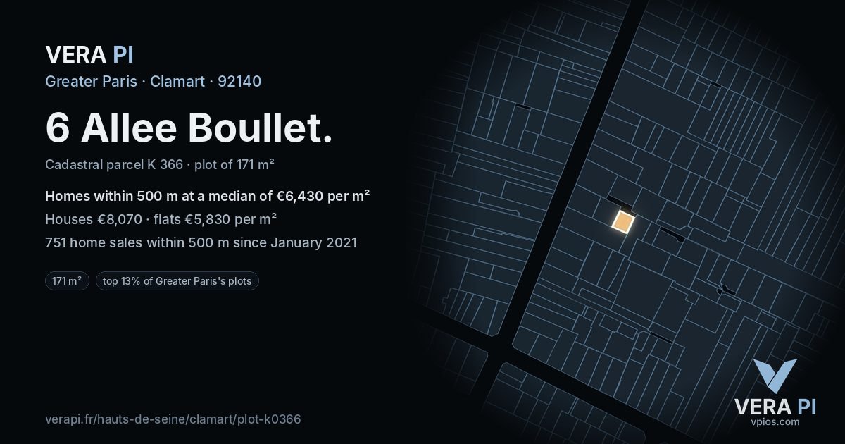 6 Allee Boullet, Clamart at night – the plot lit, the parcels around coloured by the prices near them