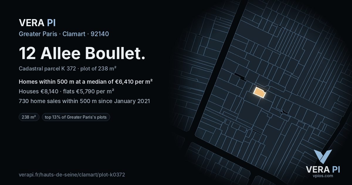 12 Allee Boullet, Clamart at night – the plot lit, the parcels around coloured by the prices near them