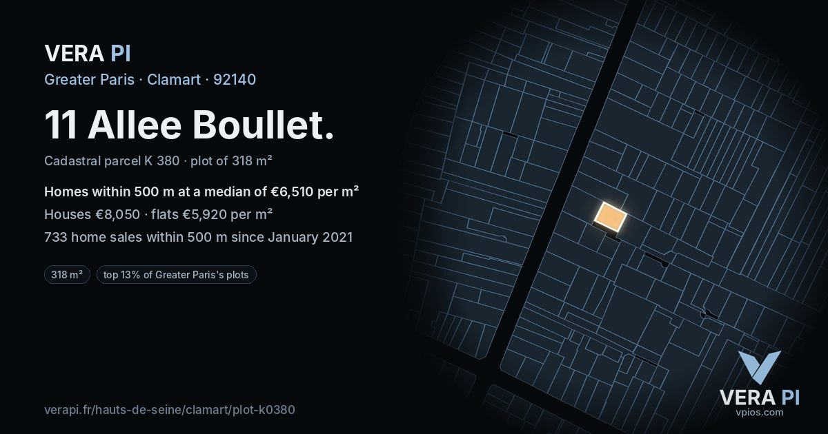 11 Allee Boullet, Clamart at night – the plot lit, the parcels around coloured by the prices near them