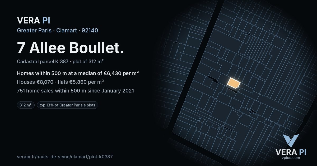 7 Allee Boullet, Clamart at night – the plot lit, the parcels around coloured by the prices near them
