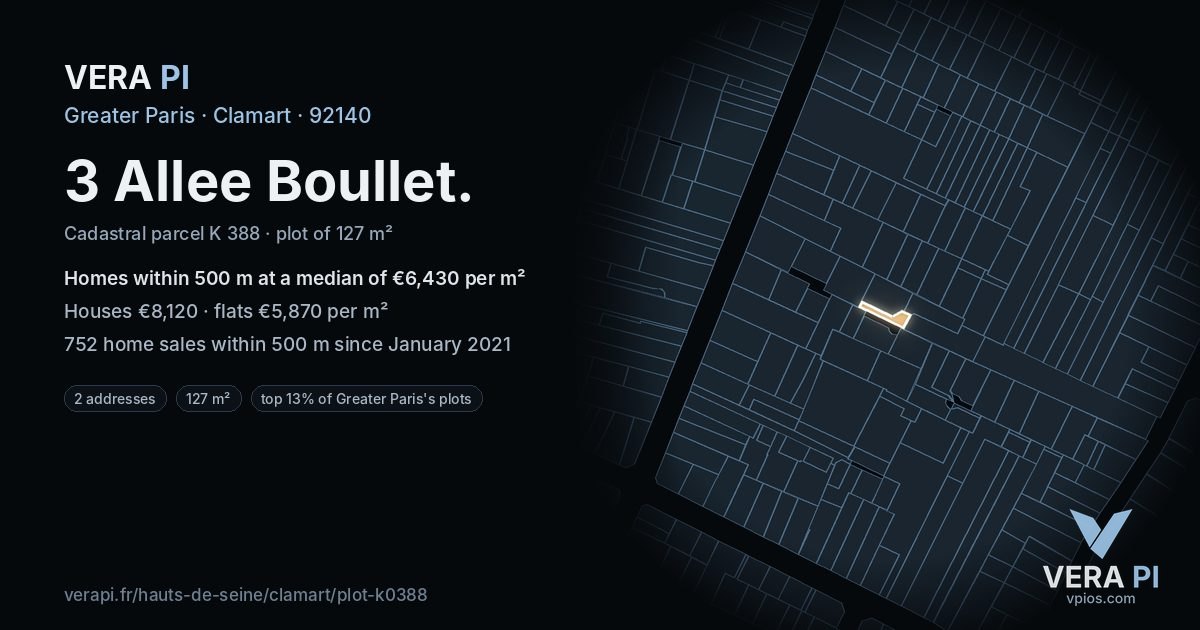 3 Allee Boullet, Clamart at night – the plot lit, the parcels around coloured by the prices near them