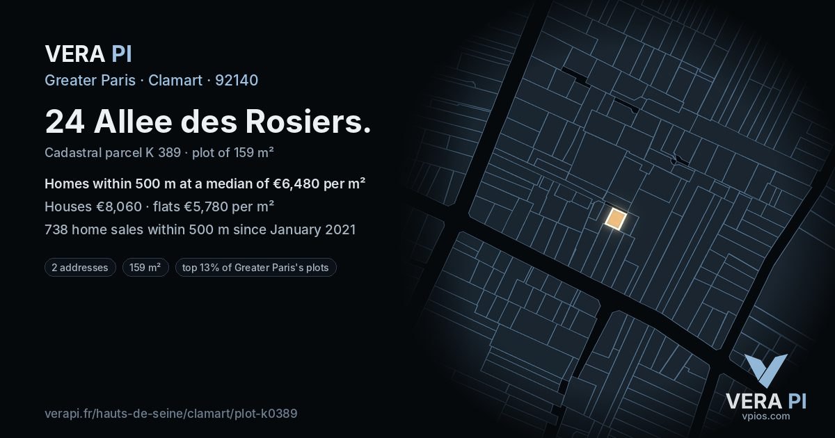 24 Allee des Rosiers, Clamart at night – the plot lit, the parcels around coloured by the prices near them