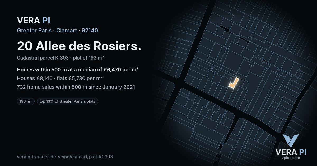 20 Allee des Rosiers, Clamart at night – the plot lit, the parcels around coloured by the prices near them