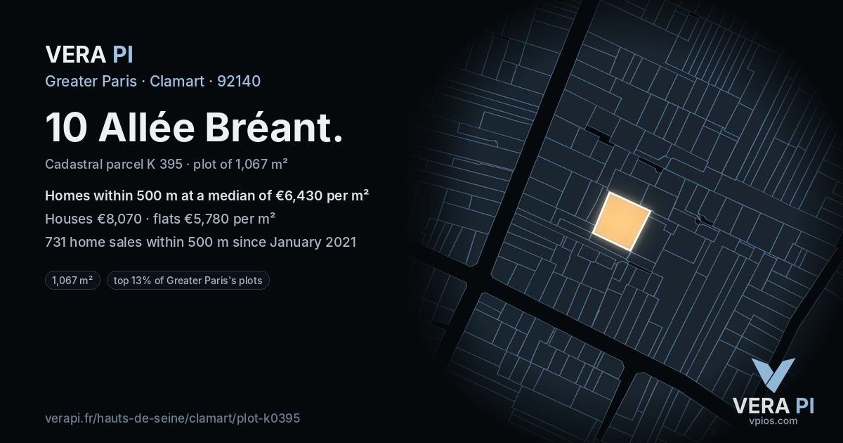 10 Allée Bréant, Clamart at night – the plot lit, the parcels around coloured by the prices near them