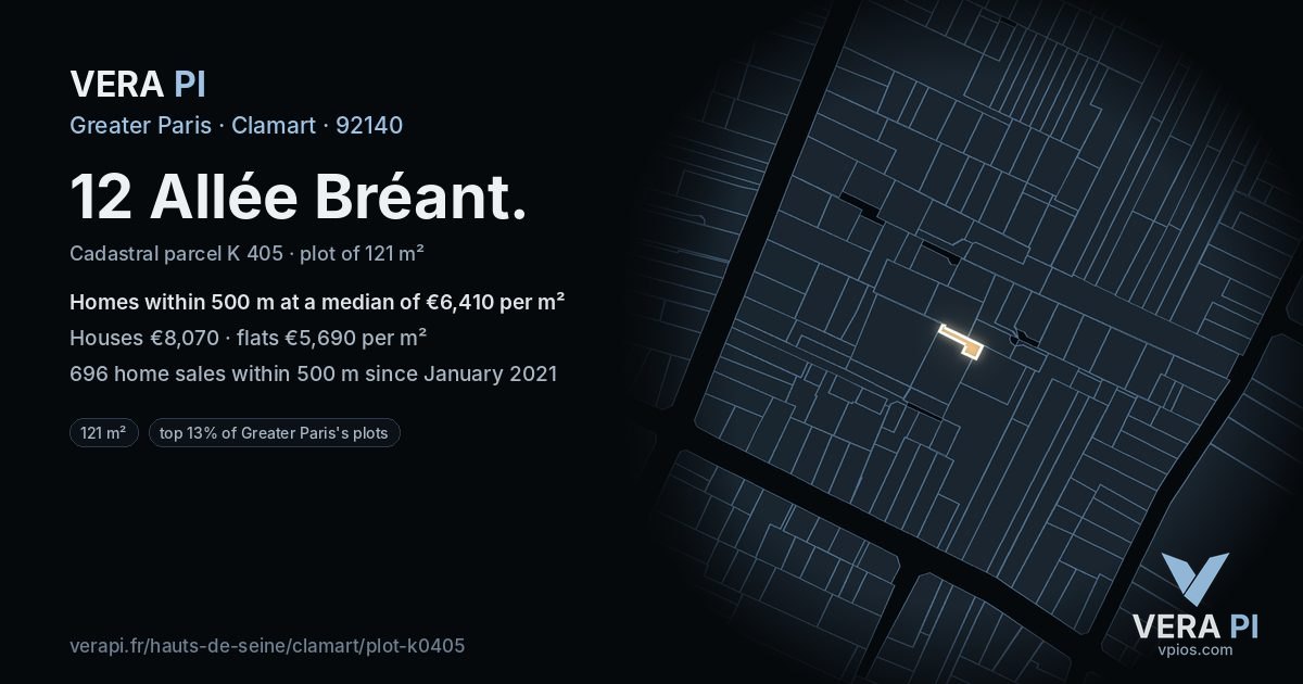 12 Allée Bréant, Clamart at night – the plot lit, the parcels around coloured by the prices near them