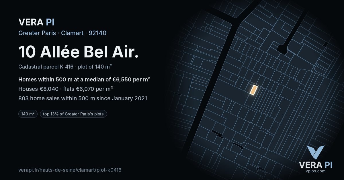 10 Allée Bel Air, Clamart at night – the plot lit, the parcels around coloured by the prices near them