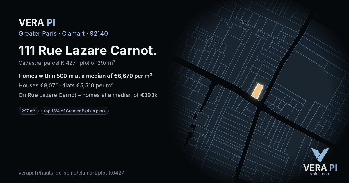 111 Rue Lazare Carnot, Clamart at night – the plot lit, the parcels around coloured by the prices near them