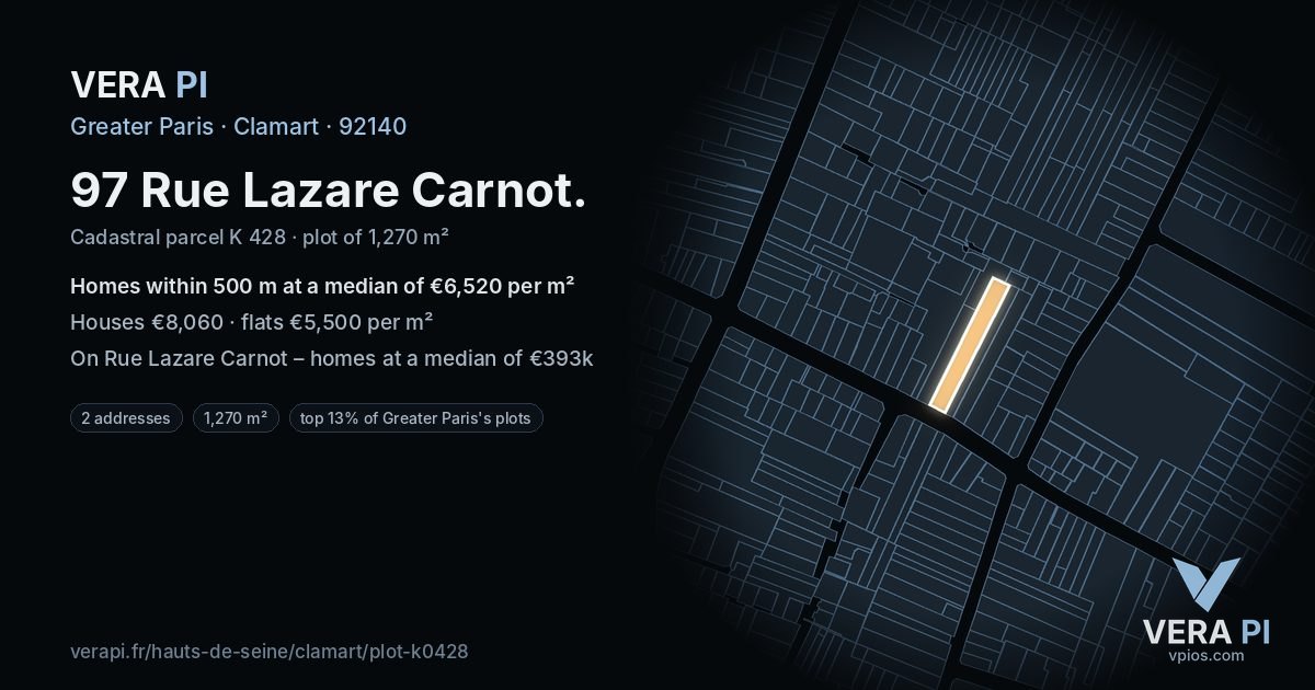 97 Rue Lazare Carnot, Clamart at night – the plot lit, the parcels around coloured by the prices near them