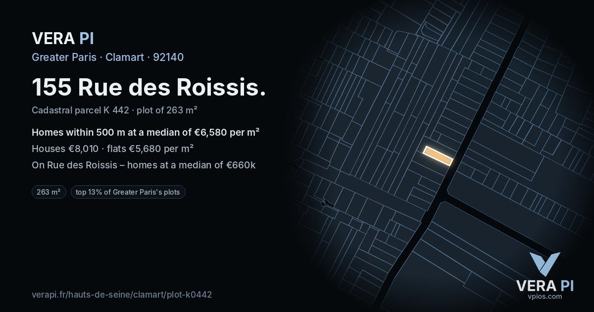 155 Rue des Roissis, Clamart at night – the plot lit, the parcels around coloured by the prices near them