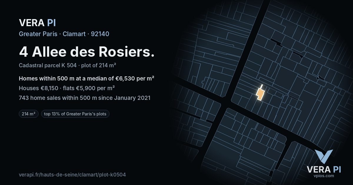 4 Allee des Rosiers, Clamart at night – the plot lit, the parcels around coloured by the prices near them