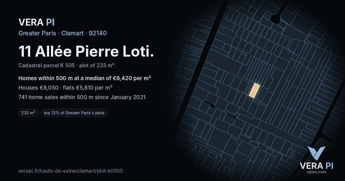 11 Allée Pierre Loti, Clamart at night – the plot lit, the parcels around coloured by the prices near them