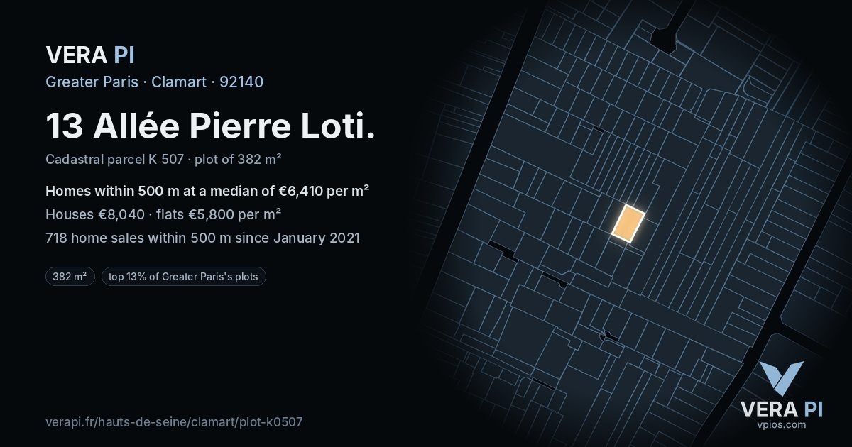 13 Allée Pierre Loti, Clamart at night – the plot lit, the parcels around coloured by the prices near them