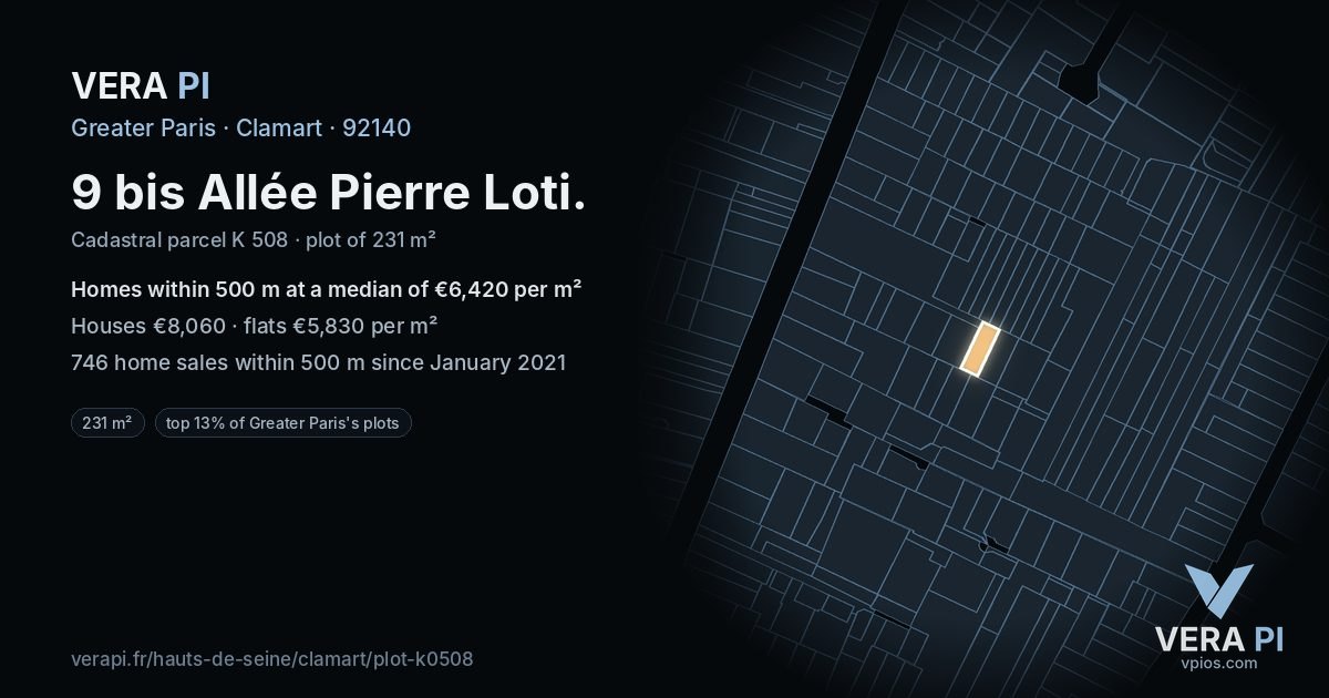 9 bis Allée Pierre Loti, Clamart at night – the plot lit, the parcels around coloured by the prices near them