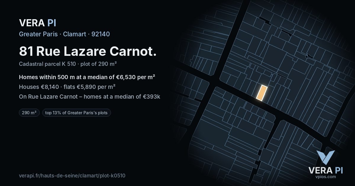 81 Rue Lazare Carnot, Clamart at night – the plot lit, the parcels around coloured by the prices near them