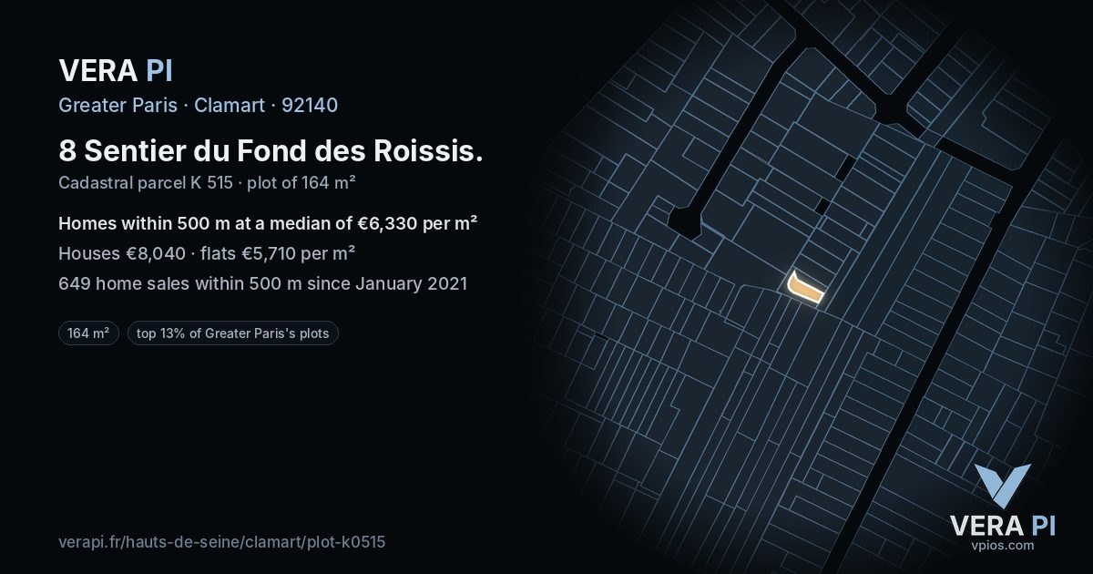 8 Sentier du Fond des Roissis, Clamart at night – the plot lit, the parcels around coloured by the prices near them
