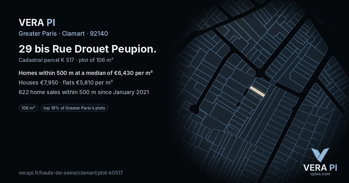 29 bis Rue Drouet Peupion, Clamart at night – the plot lit, the parcels around coloured by the prices near them