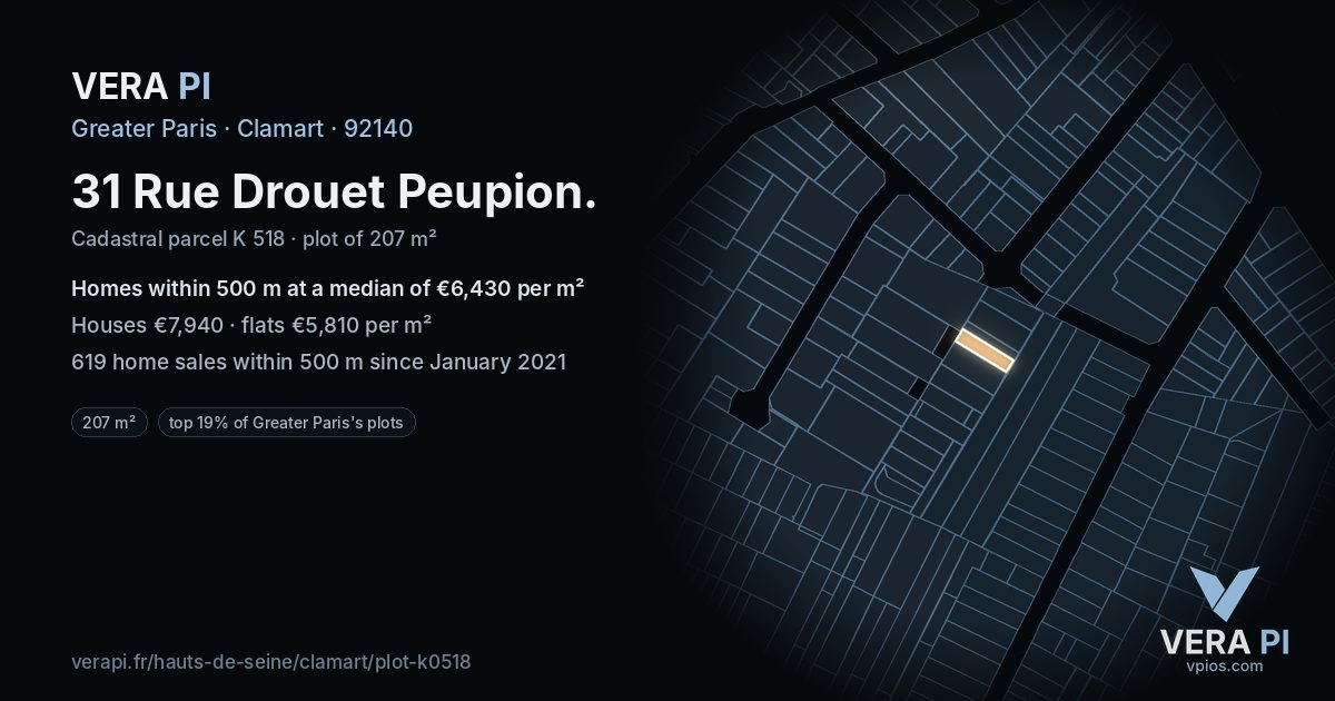 31 Rue Drouet Peupion, Clamart at night – the plot lit, the parcels around coloured by the prices near them